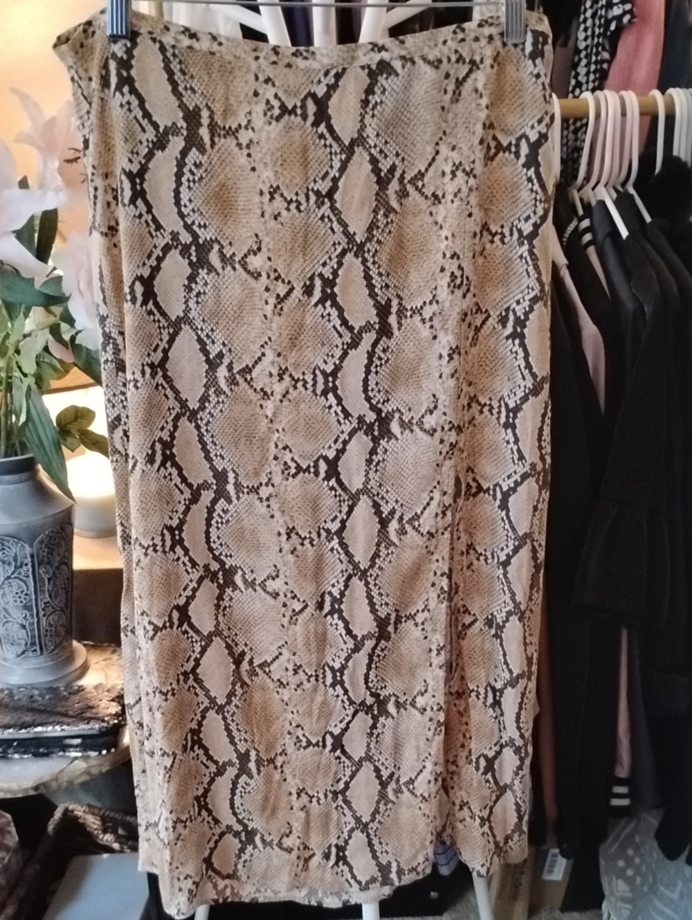 H&M Beige and Brown Snake-Print Midi Skirt